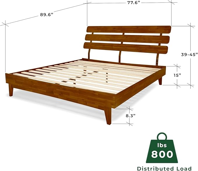 Bme Caden King Size Bed Frame and Adjustable Headboard, 15 Inch Mid Century