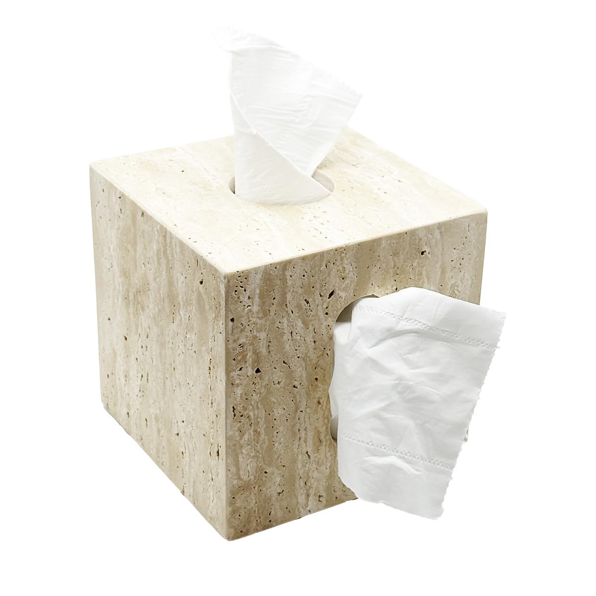 Natural Travertine Marble Tissue Box Cover – for Loose Facial Tissues and Toilet Paper roll, Square Cube Tissue Box Holder with Dual Access, Rustic Farmhouse Décor for Bathroom & Living Room