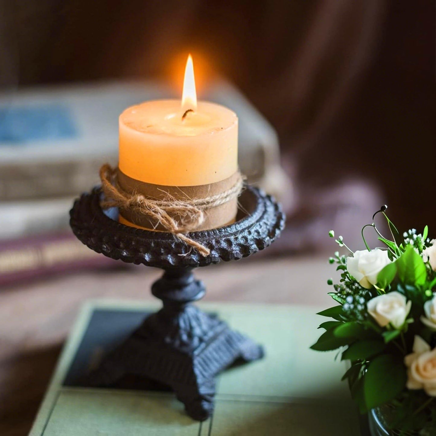 Heavy Duty Cast Iron Candle Holder, Retro Candlestick Holders, Handcrafted Metal Pillar Candle Stand for Dinner Home Garden Tabletop Decorative (B)