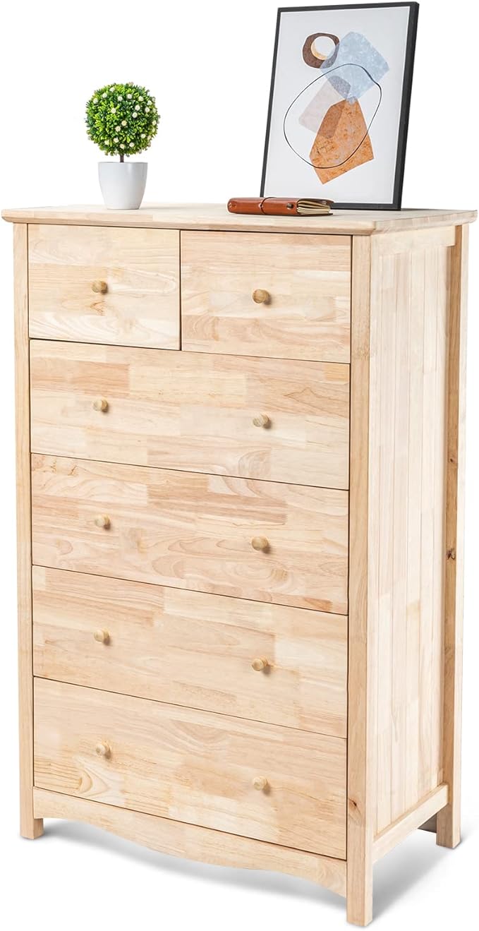 VINGLI Unfinished Natural Solid Wood 6 Drawer Dresser