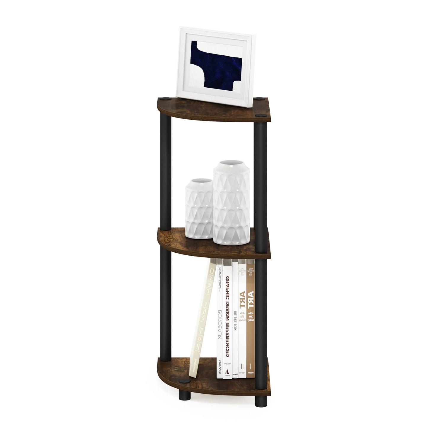 Furinno TURN-N-TUBE Corner Shelf, 3-Tier Corner Bookshelf, Display Storage Shelves with Open Shelves, for Organization and Storage, Living Room, Home Office, Garage, Amber Pine