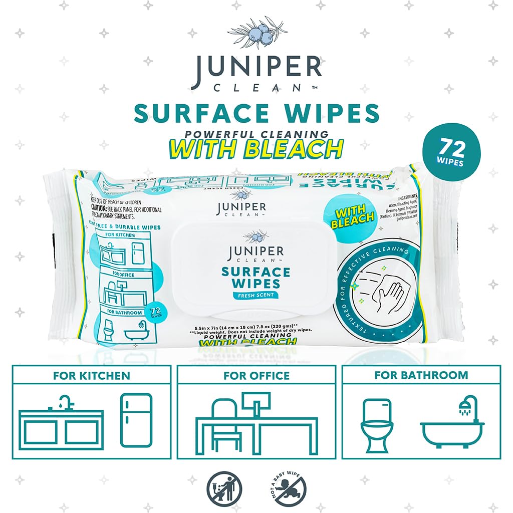 Juniper CLEAN 6 Pack Surface Cleaning Wipes with Bleach, All-Purpose Cleaner for Bathroom, Kitchen, Office, 72 Count Soft Flow, Fresh Scent, Lint Free & Durable