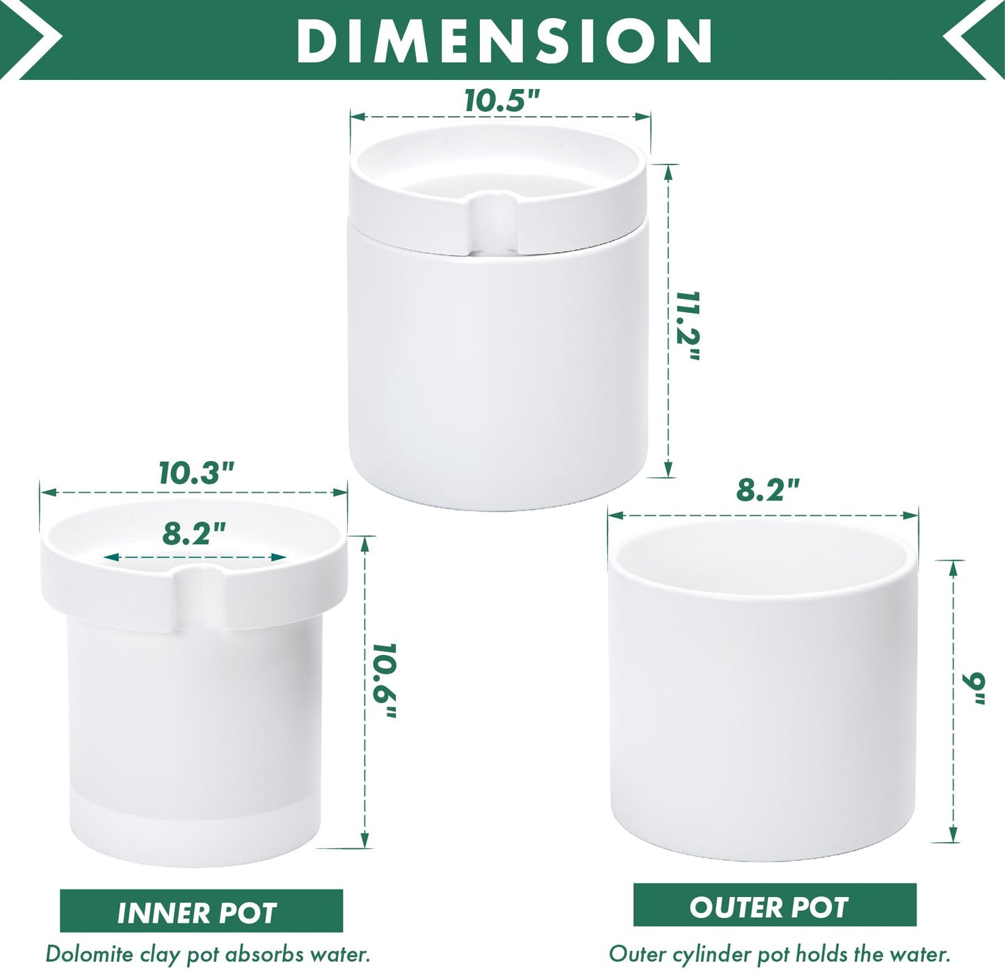 Phoenix Vine 10 Inch Cylinder Self Watering Planter, White Glazed Outer Plant Pot with Dolomite Clay Inner Planter for Indoor Plants, White, 31-A-I-W