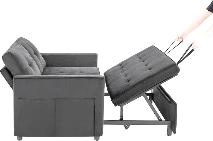 Sofa Bed, Pull Out Couch with Side Pockets, 3 in 1 Velvet Fabric Loveseat