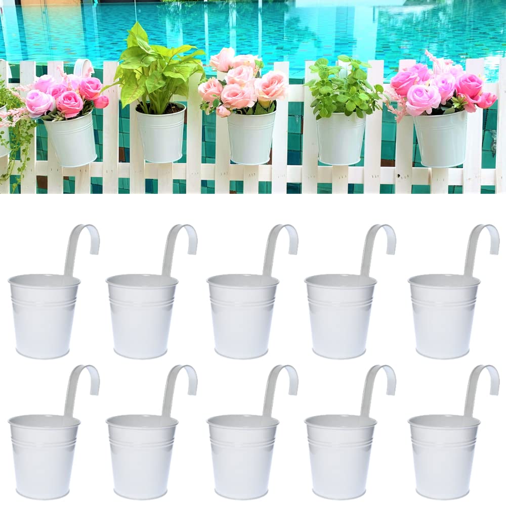 LaLaGreen Bundle - 6" x 10 Pack + 4" x 10 Pack White Metal Iron Hanging Flower Pots Balcony Railing Herb Garden Bucket Fence Planter for Outdoor Plants Flower Deck Rail Porch Window Box Hooks