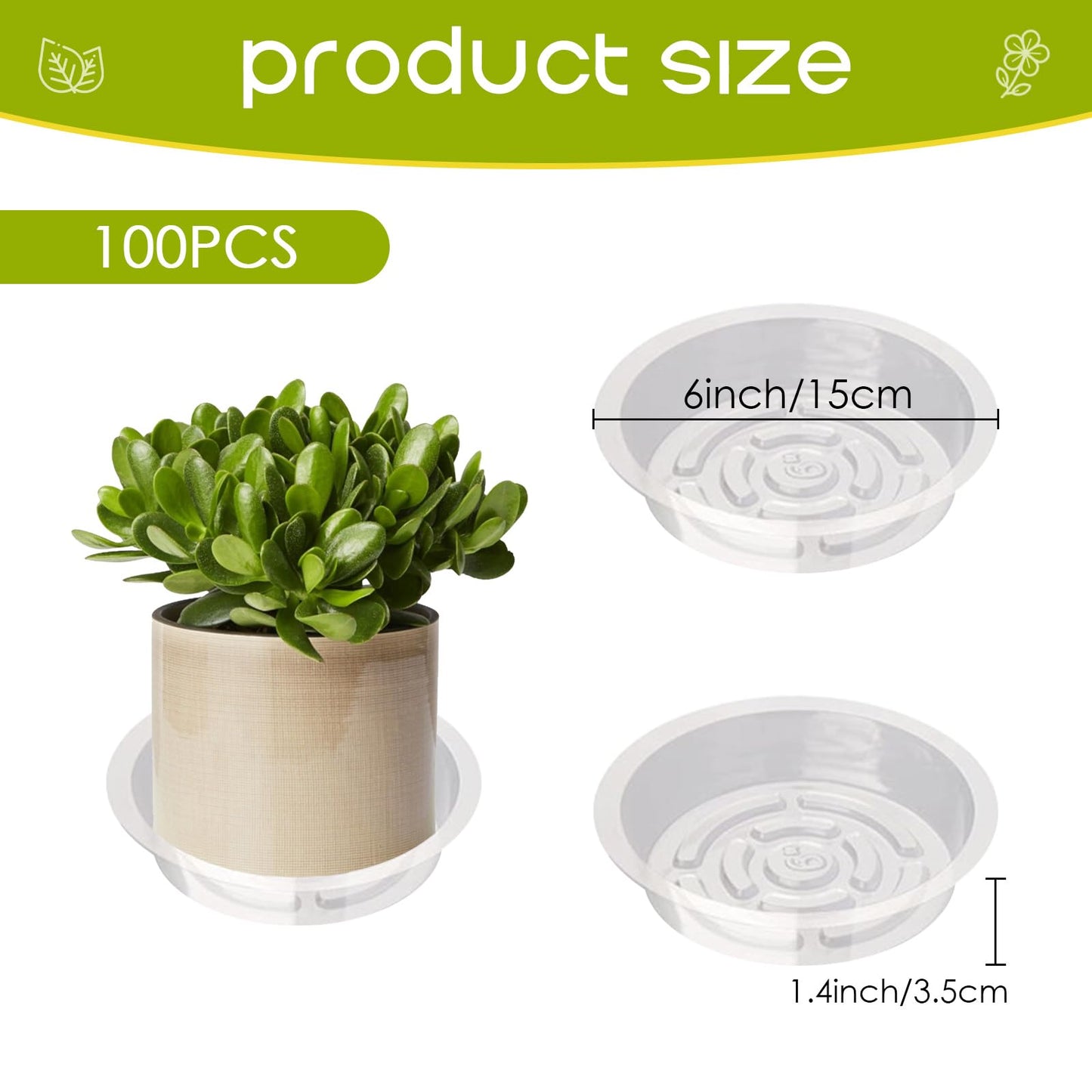 Hyuetrsa Plastic Plant Saucers 100 Pack of 6 Inch Clear Plant Water Trays Durable Plastic Flower Pot Saucers Plant Drip Trays Suitable for Indoor and Outdoor Plants（Clear）