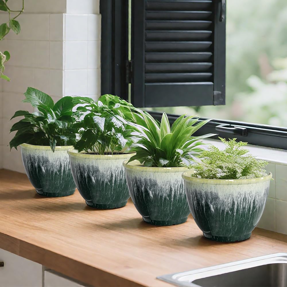Flower Pots, 8 Inch Plastic Plant Pots for Plants, Set of 4 Planter for Indoor Outdoor Plants with Drainage Hole, Sleek Small Nursery Planting Pot for Home Garden Outdoor Planters(Green Glaze)