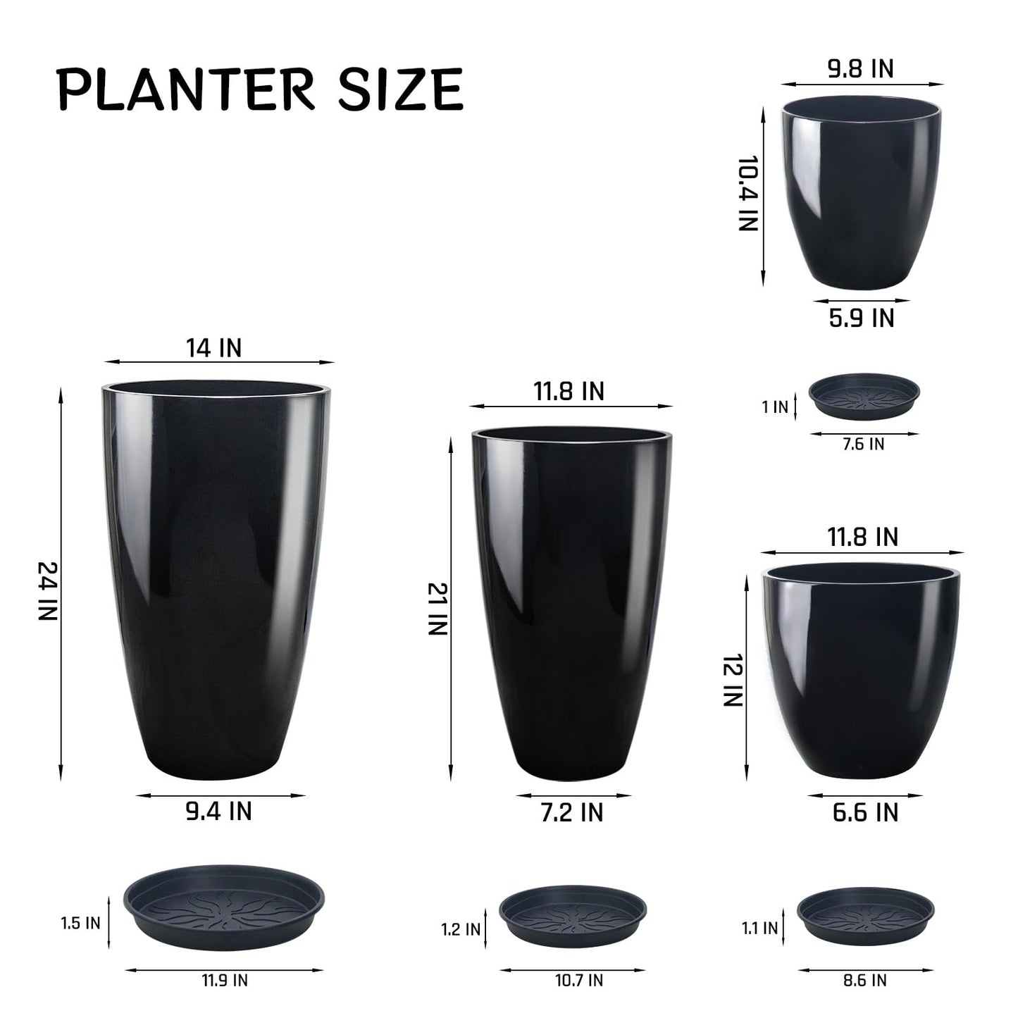 ZMTECH 24/21/12/10" H Large Plastic Planters with Drainage Hole and Saucer -Set of 4 Tall Plant Pots for Indoor & Outdoor Use,Black Glossy Smooth Lightweight Flower Pot for Front Porch Patio Deck
