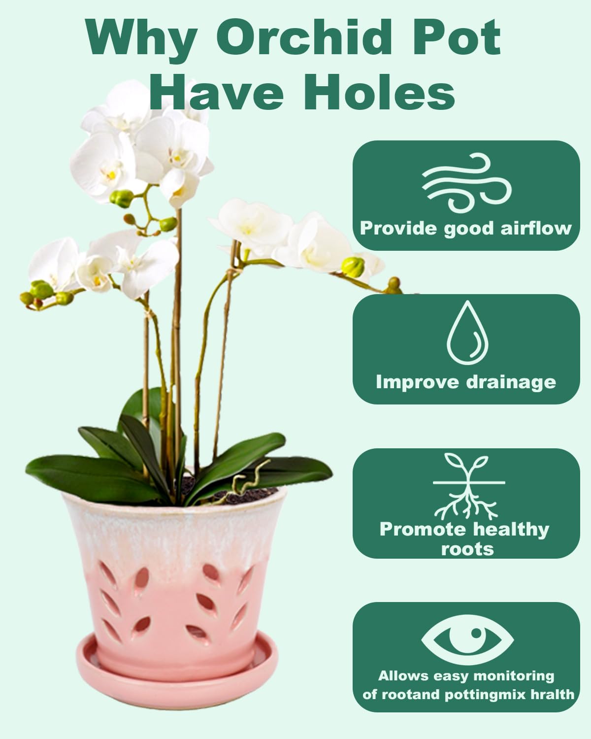 vensovo 5.5 Inch Ceramic Orchid Pot - Orchid Pot with Holes for Repotting, Ceramic Planter with Saucer for Indoor/Outdoor Plants, Pink