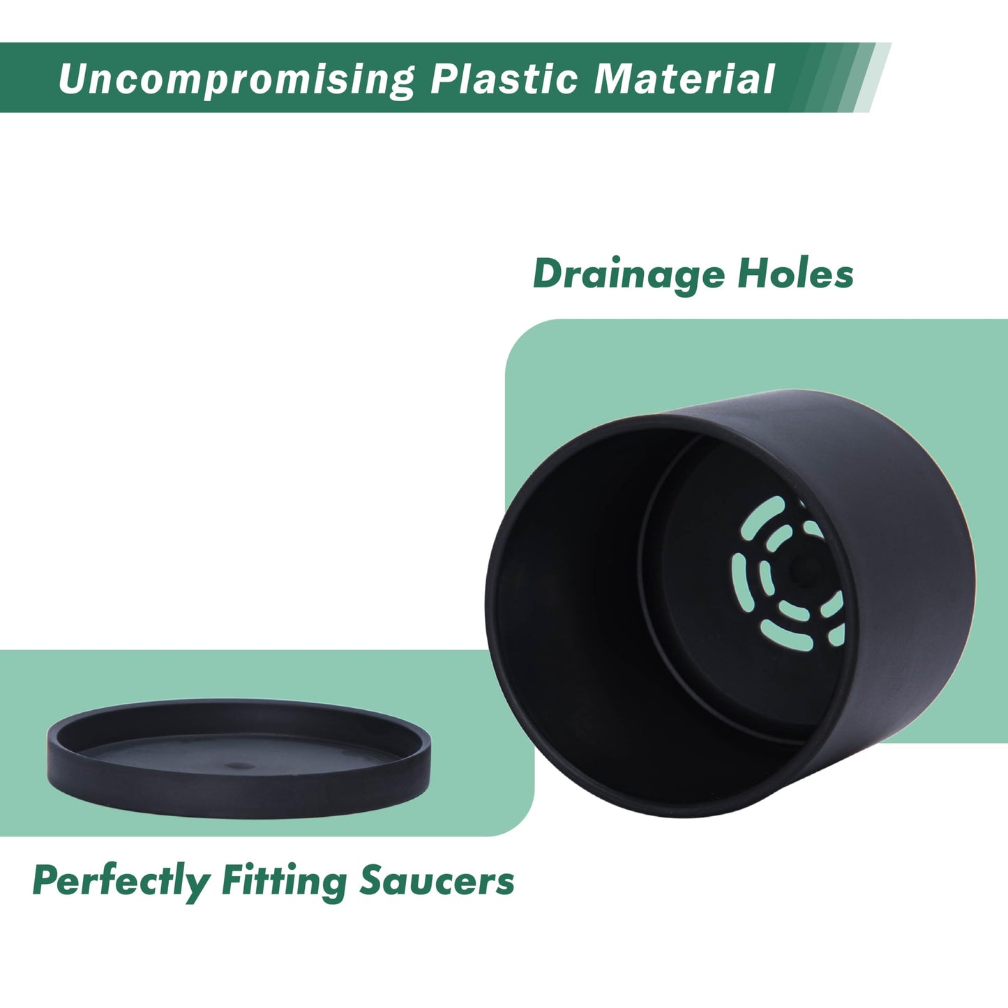 D'vine Dev 4 Pack 4 Inch Modern Plastic Plant Pots, Small Garden Planters for Plant with Drainage Holes and Saucers, Black Color, 74-Y-E-2