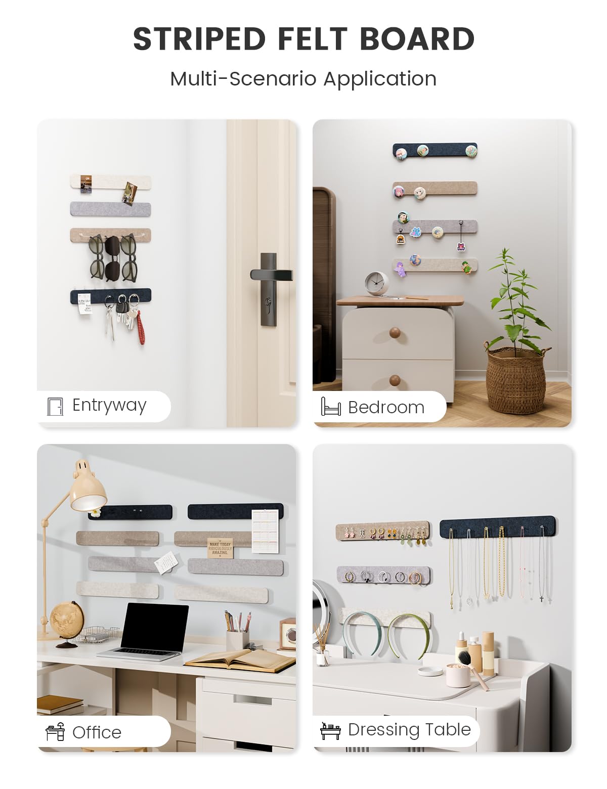 Fluxynara Cork Board Alternative Felt Strip Board 8-Pack 13"x2", Office Pin Board with 50 Push Pins, Adhesive Install for Bedroom Door & Home Office (Nordic Slate)