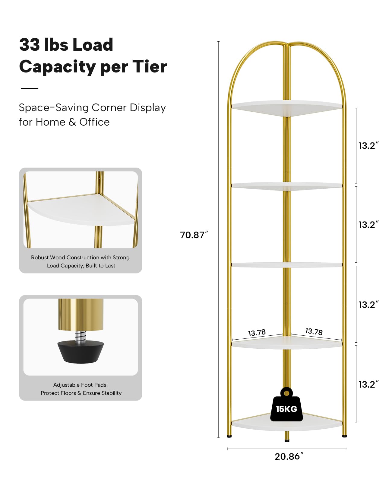 Rifoer 5 Tier Corner Shelf, Luxury Gold Corner Plant Stand with White Wood Shelves,Modern Metal Corner Bookshelf Display Rack,Premium Corner Storage Shelving Unit for Living Room,Bedroom,Bathroom