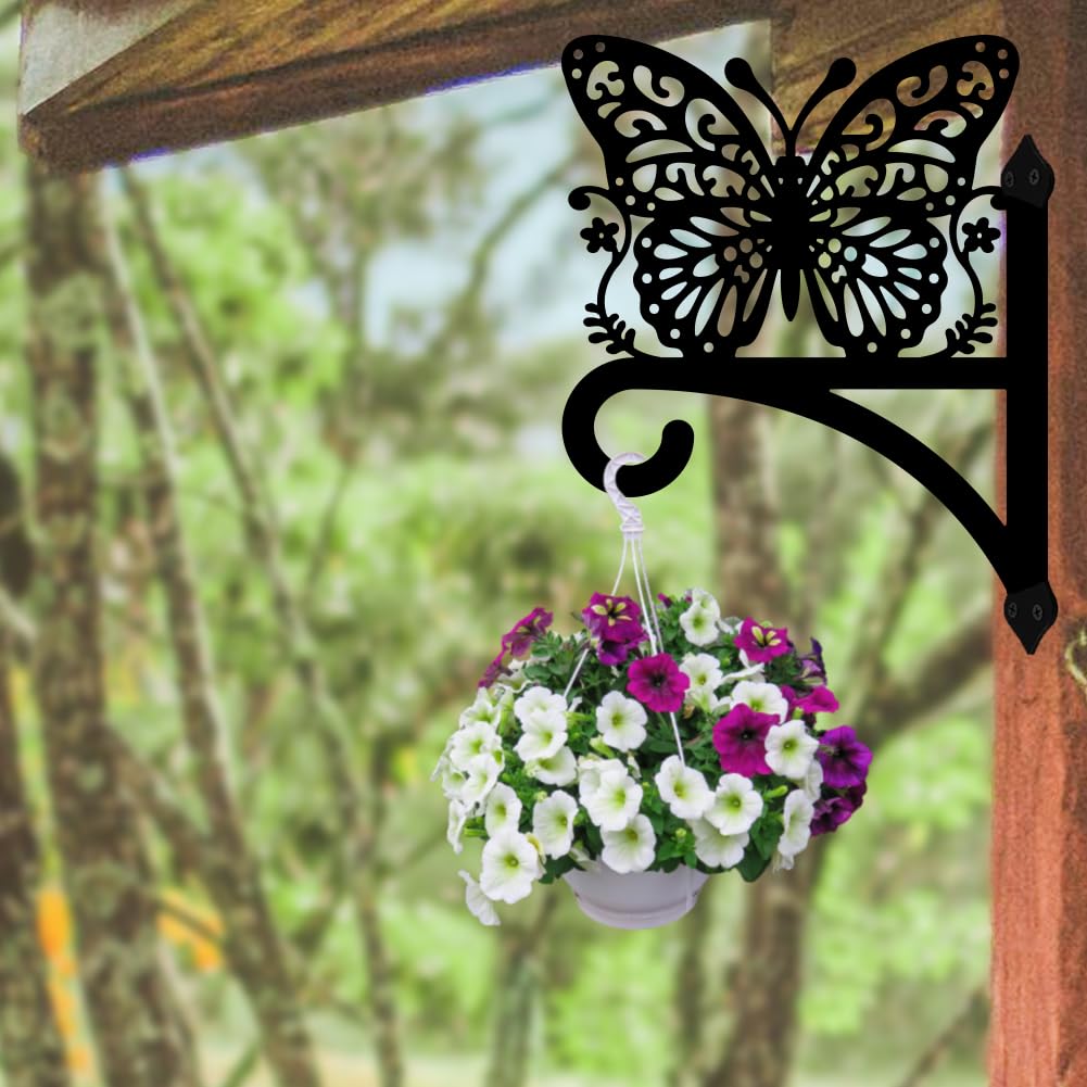 Peacoblue Iron Plant Hangers Hooks for Outdoor Indoor Hanging Plants Flower Fern Pots Lantern Bird Feeder Wind Chimes, 12"x16" Weather Resistant Metal Wall Holder for Porch Garden Farmhouse(Butterfly)