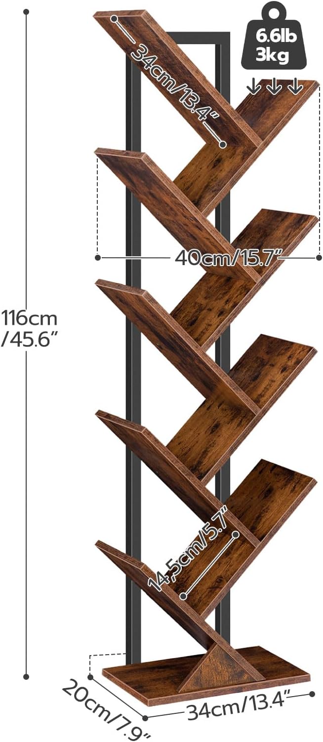 HOOBRO Tree Bookshelf, 9-Tier Bookcase Wooden Shelves, Floor Standing Storage