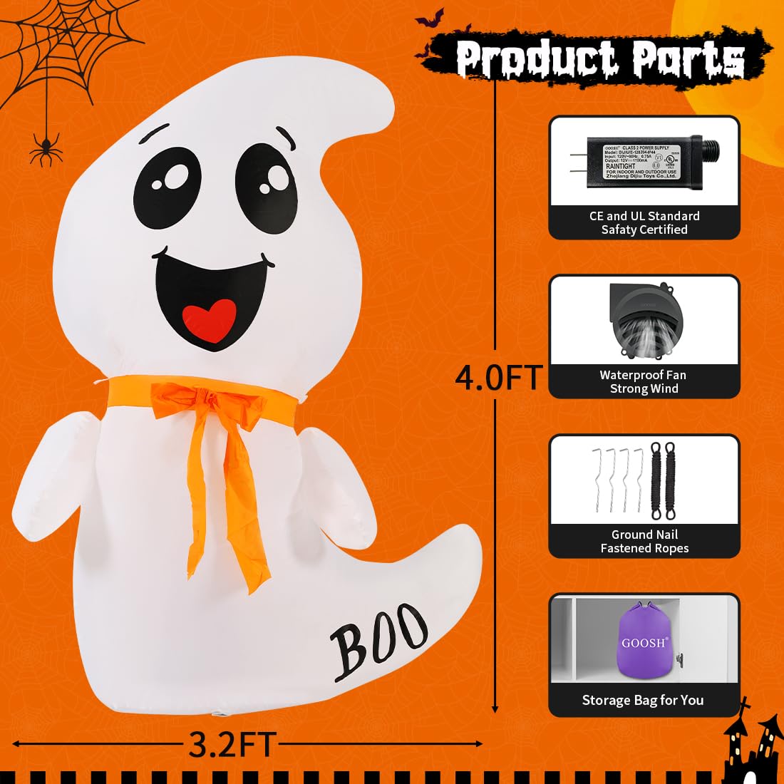 GOOSH 4 FT Halloween Inflatable Cute Ghost Outdoor Decorations Blow Up Yard Ghost with Built-in LEDs for Indoor Garden Lawn Party Decor