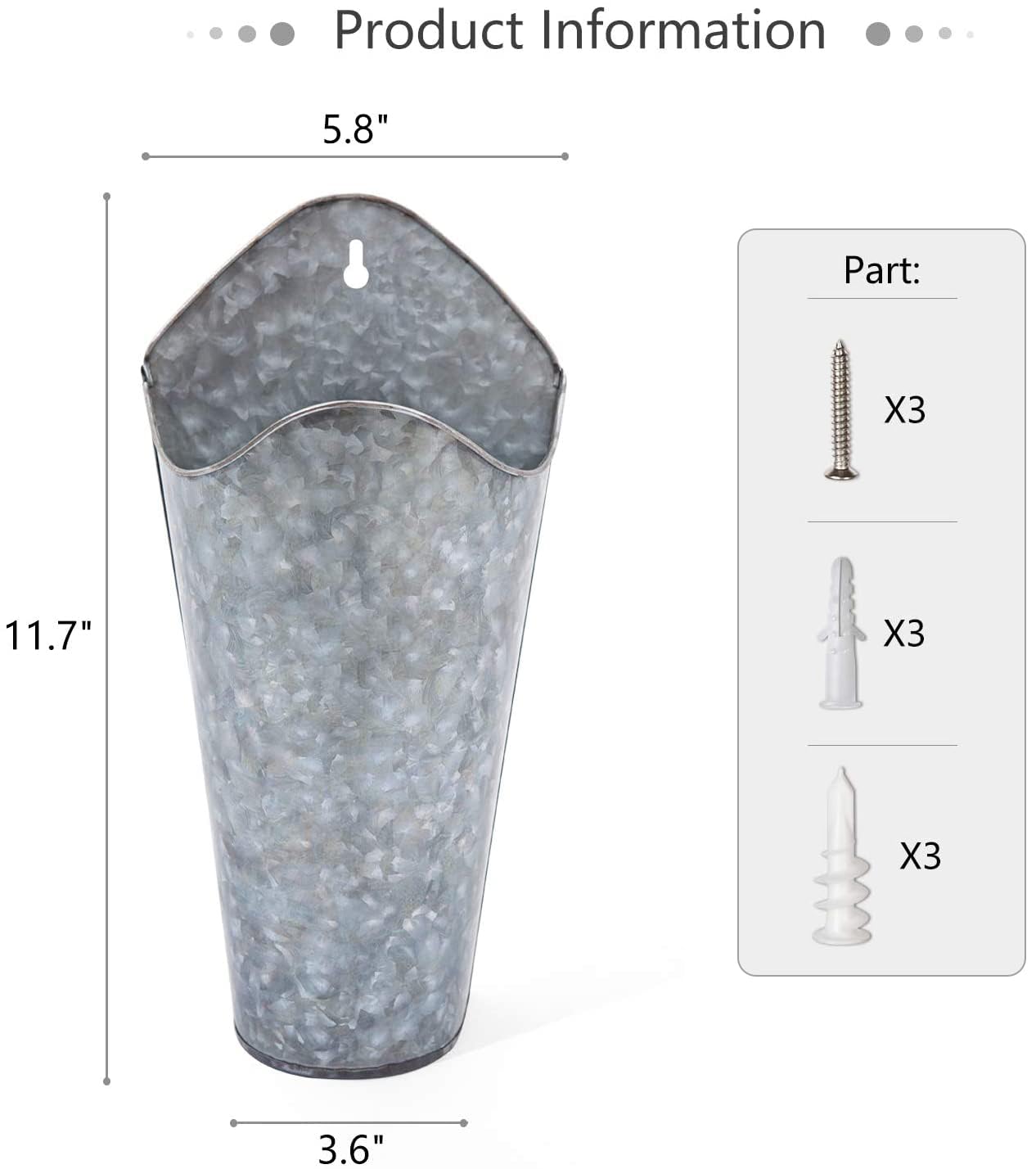 Mkono Galvanized Metal Wall Planter Farmhouse Wall Vase for Artificial Plants Flowers, Rustic Hanging Fake Flowers Holder Country Home Bedroom Living Room Decor Set of 2, Silver, Small