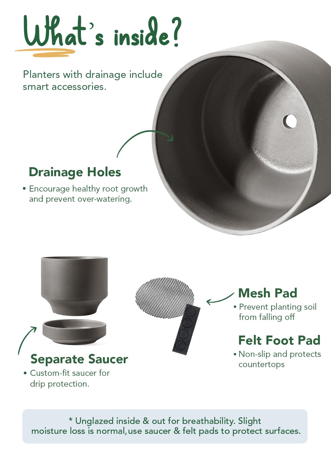 LE TAUCI 14 Inch Large Plant Pot with Saucer, Ceramic Outdoor & Indoor Big Planter with Drainage Hole, Mesh Pad Included, Unglazed Porous, Modern for Home and Patio, Charcoal Gray