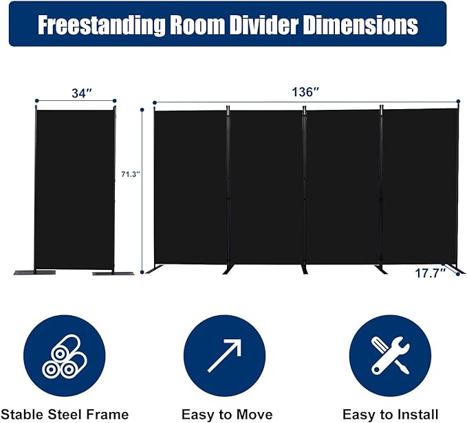 Room Divider 6FT Portable Room Dividers and Folding Privacy Screens, 4 Panel