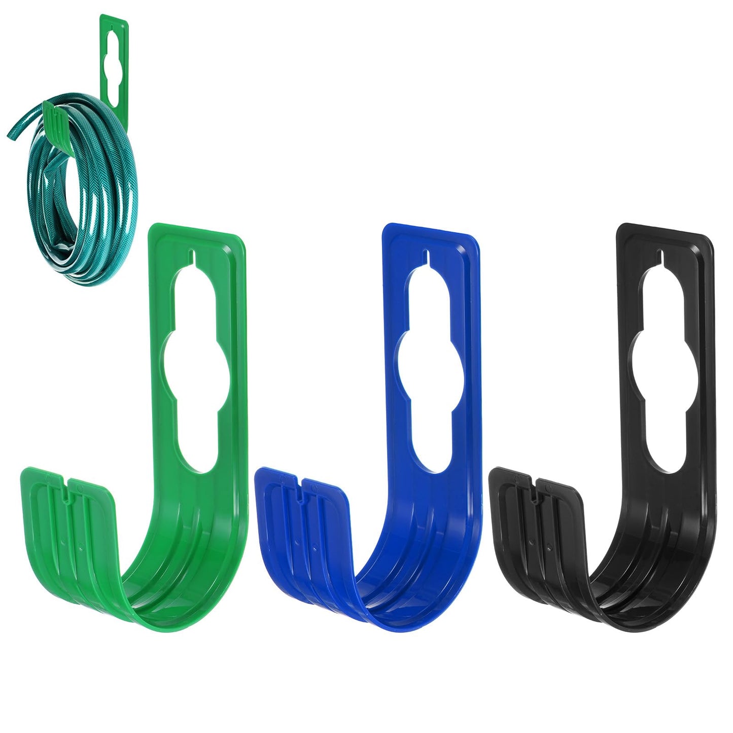 M METERXITY 3-Pack Garden Hose Hanger, ABS Plastic Water Hose Holder Wall Mount for 150 Feet Garden Watering Tube Hoses Storage, Expandable Outside Pipe Reel Hanging Hooks [3 Colors In]