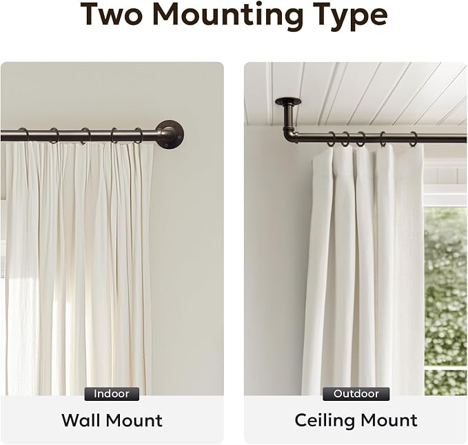 Zeerobee Curtain Rods for Windows 72 to 144, 1 Inch Industrial Wrap Around Antique Bronze Curtain Rod, Indoor/Outdoor Room Divider Adjustable Drapery Pole, 72"-144"