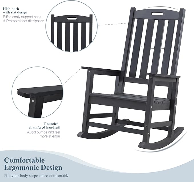Psilvam Oversized Outdoor Rocking Chair, HDPE Porch Rocker Chairs