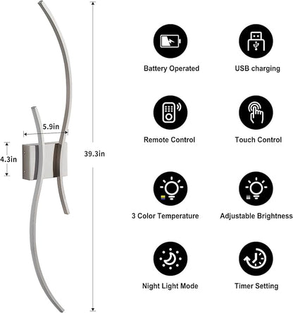 Battery Operated Wall Sconces Set of Two with Remote Control, Stepless Colors 3000K-6000K & Dimming, LED Nickel Wireless Wall Light for Living Room, Hallway, Bedroom, 39.3 Inch (2 Pack)