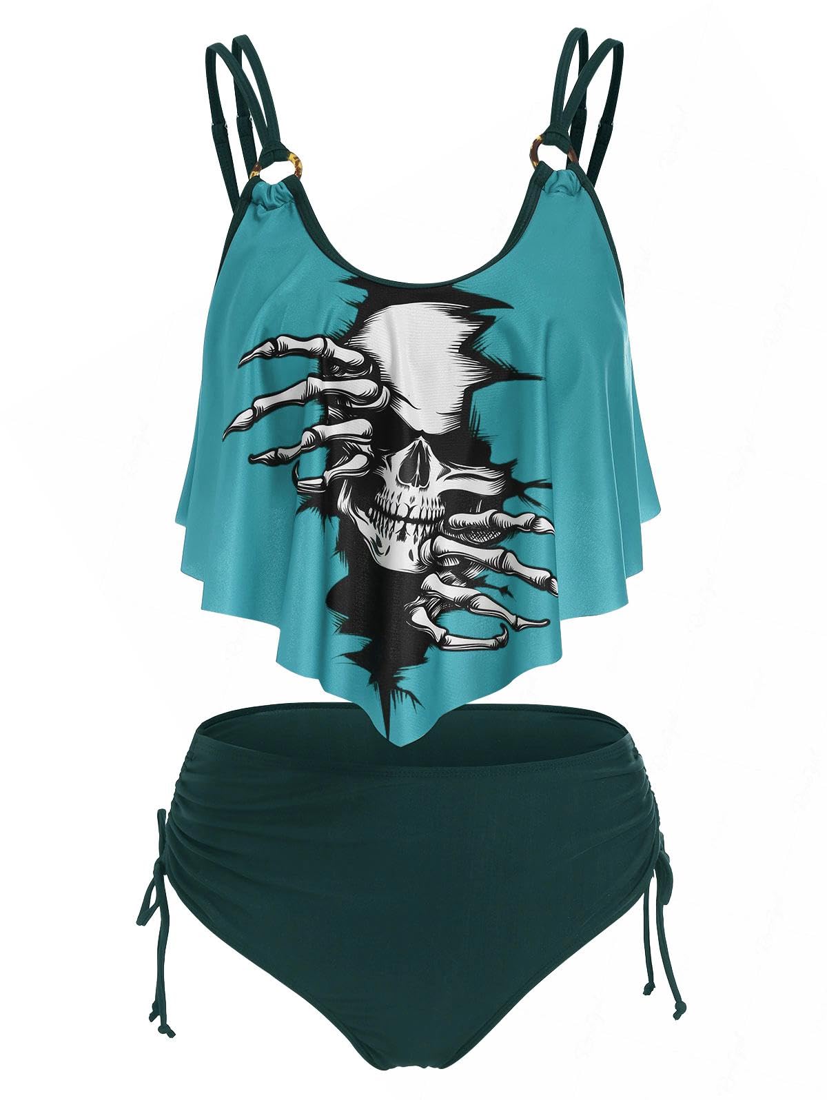DRESSFO Women's Skeleton Skull Tankini Bikini Set – O Ring Asymmetric Swimsuit Dark Turquoise