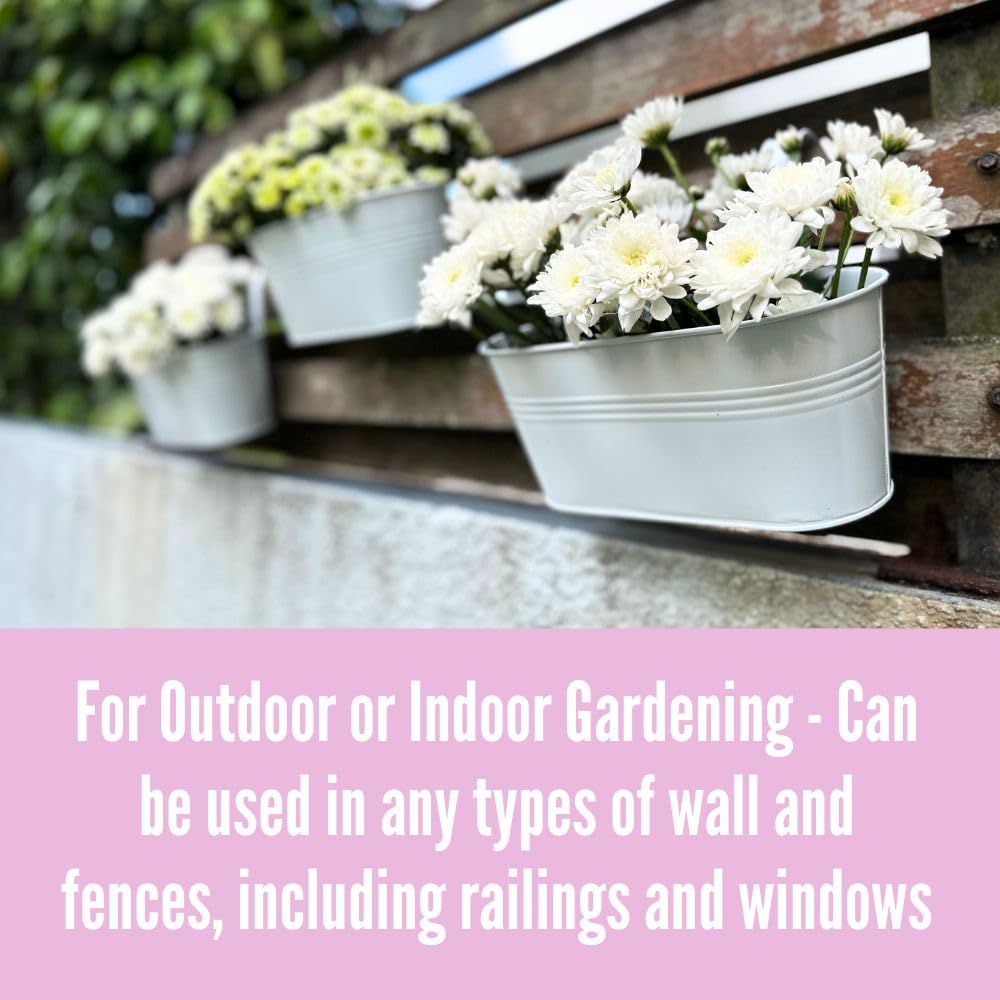 LaLaGreen Rail Planters for Outdoor (6 Pack, 11.2 Inch) White Metal Iron Hanging Flower Pots, Deck Railing Strawberry Planter Fence Bucket Wall Mount Window Box Plant Holder with Hooks Porch Decor