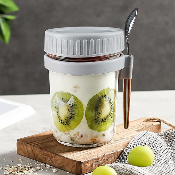 Overnight Oats Container - Yogurt Oatmeal Glass Canning with Lids and Spoon, 10 oz Cereals, Milk, Fruit Salad, with Measurement Marks (White+grey)
