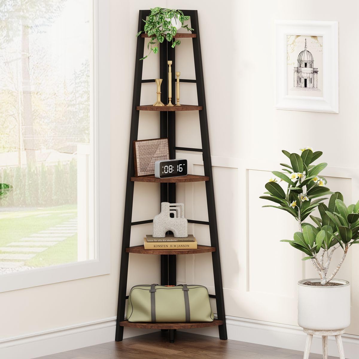 BON AUGURE 5-Tier Corner Ladder Shelf Stand, Black Metal Wood Corner Bookshelf, Narrow Tall Display Bookcase Shelving Unit for Living Room, Home Office, Small Space (Rustic Oak)