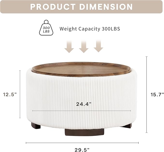 29.5 Inch Round Storage Ottoman Coffee Table, Modern Circle Coffee Table