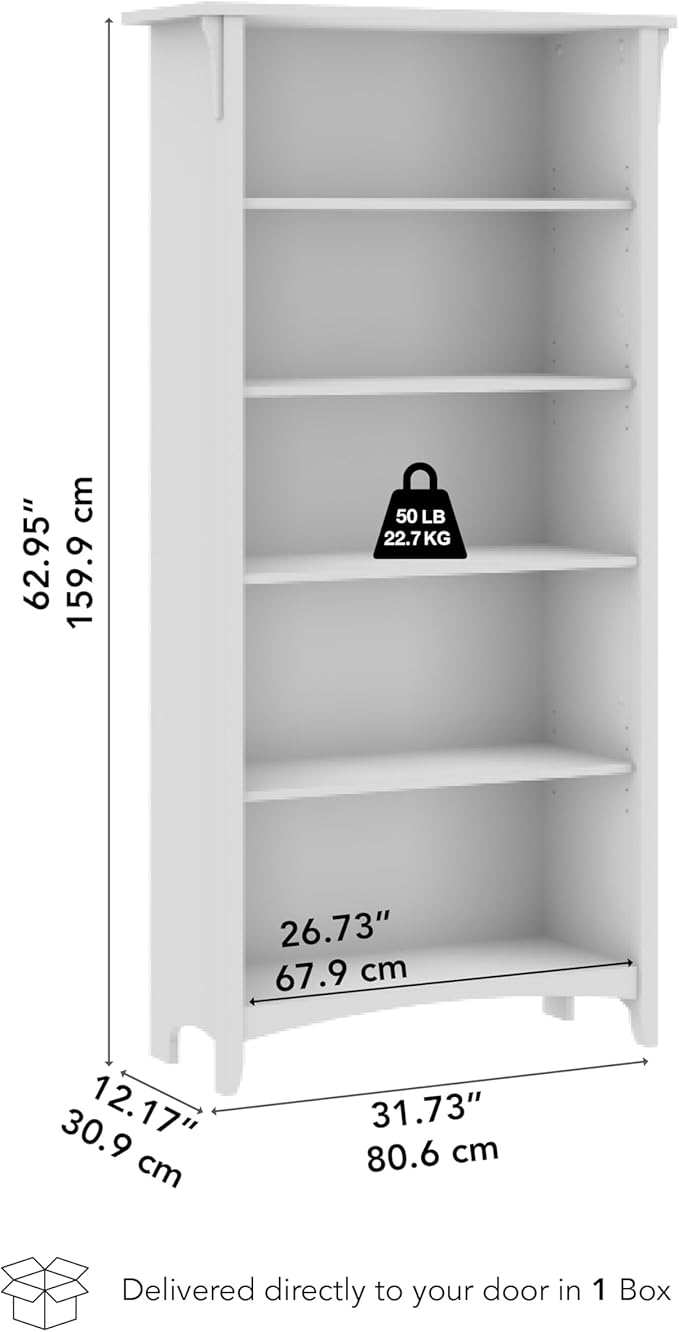 Bush Home Salinas 5 Shelf Bookcase in Vintage Black, Tall Bookshelf, Large Book
