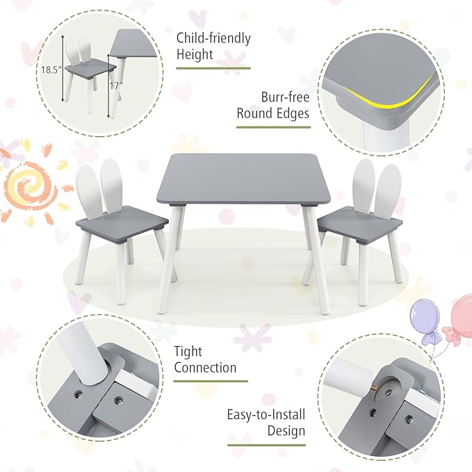 Costzon Kids Table and Chair Set, 3 Pieces Wooden Activity Table & 2 Rabbit