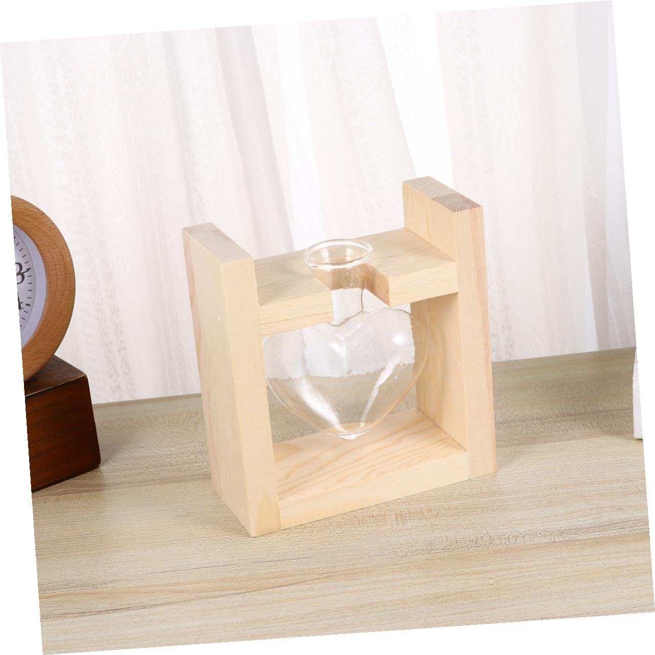 HAKIDZEL Heart-Shaped Glass Vase with Wooden Rack Hydroponic Plant Terrarium Container for Indoor Flower Arrangement Heat-Resistant Decorative Planter for Tulips Roses Indoor and Office