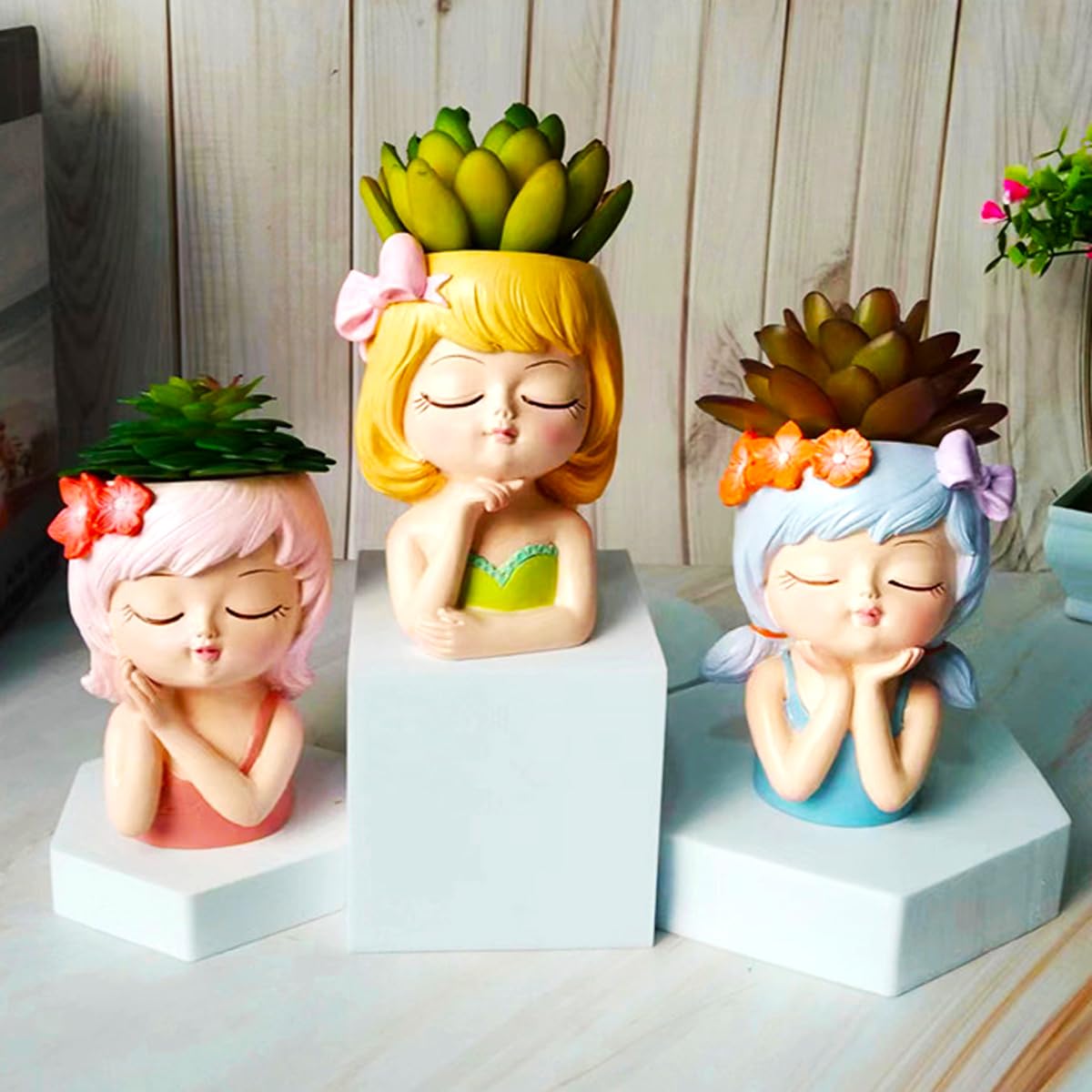Cute Head Planter Pot Resin Succulent Planter Little Girl Flower Pot, Human Face Cactus Plants Container Bonsai Holder Thumb Pot Fairy Figurine Statue Planters with Drainage Decor Gift (Yellow)