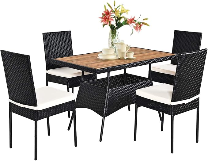 Tangkula 5 Piece Wicker Patio Dining Set, Outdoor Rattan Table & Chairs Set