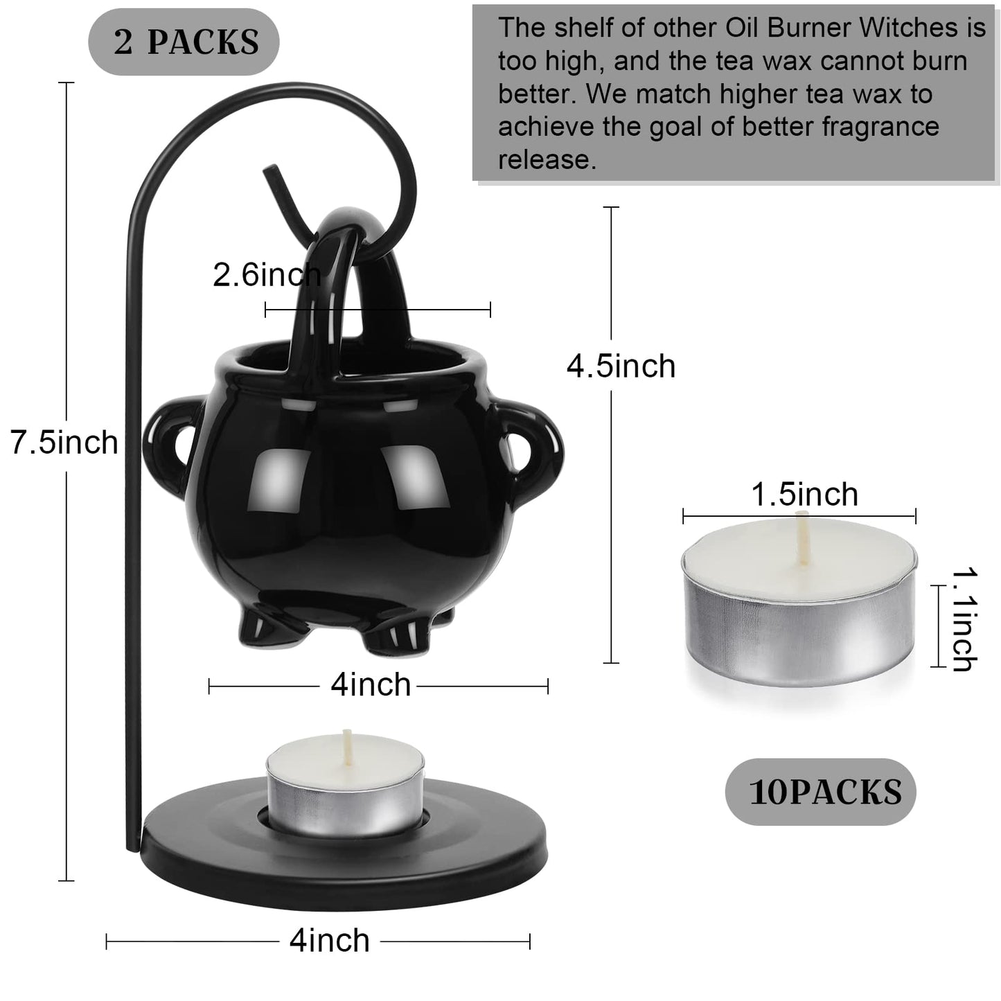 2 Pcs Hanging Pagan Cauldron Oil Burner, Cauldron Wax Warmer Diffuser with Handle 10 Pcs White Tea Lights Candles Witch Decor for Home Wax Melts Christmas Gothic
