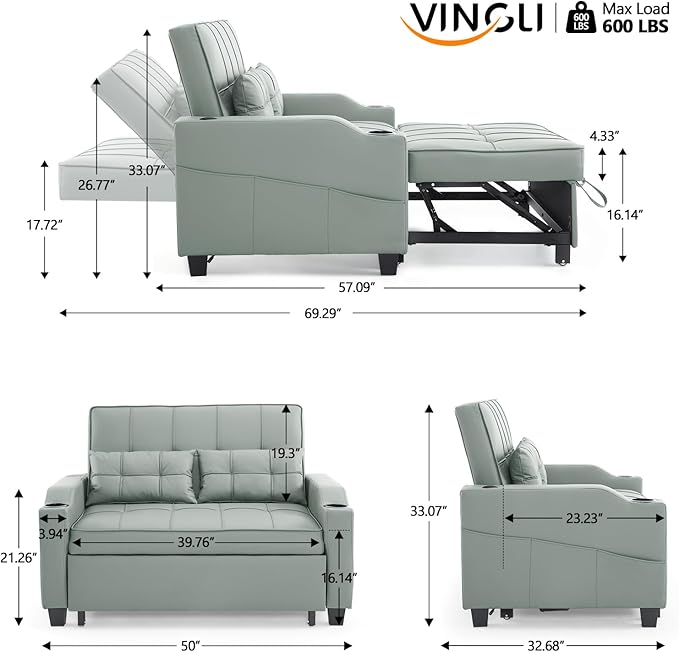 VINGLI Green Futon Sofa Bed Convertible Loveseat Sleeper Couch, Faux Leather