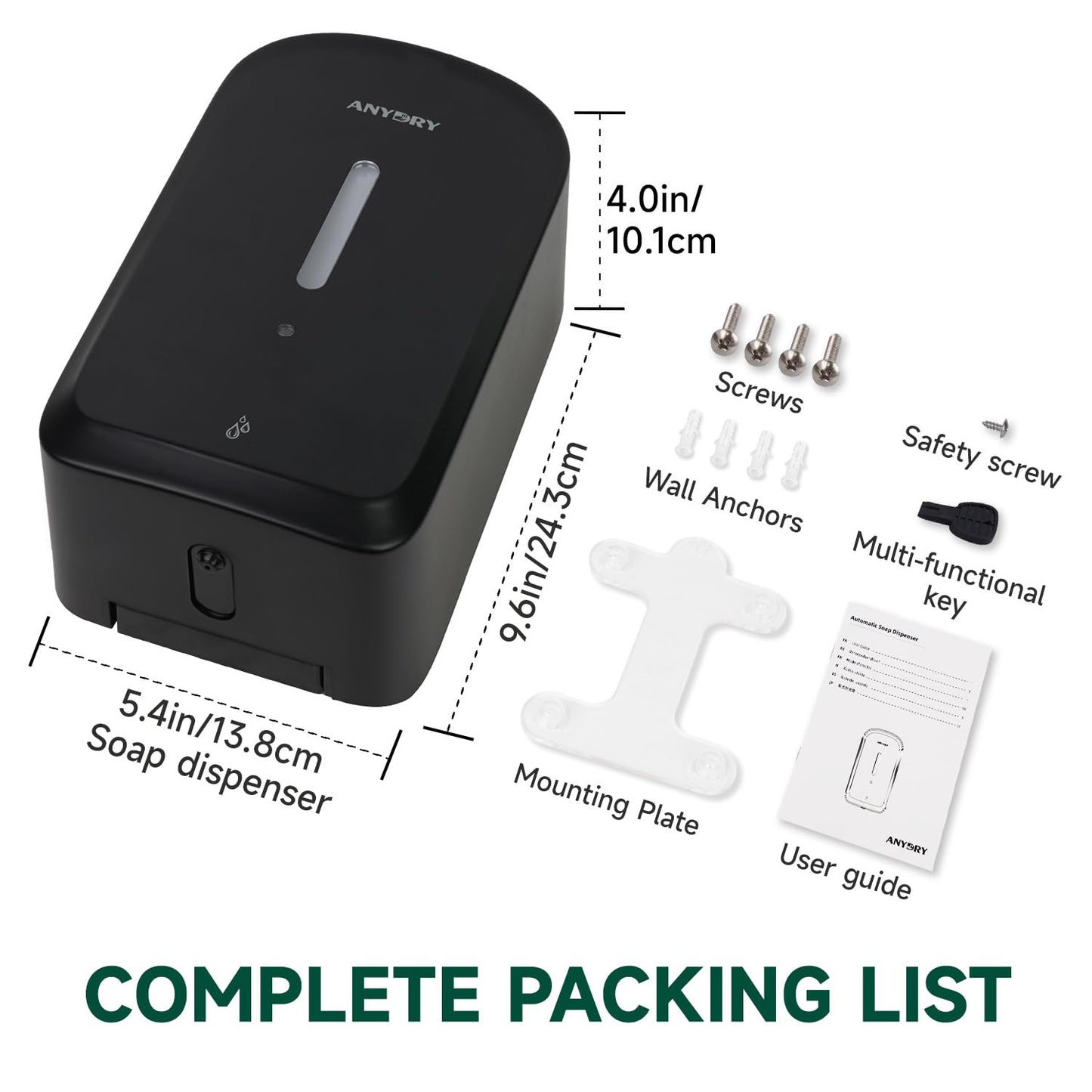 anydry Commercial Automatic Soap Dispenser Large 34oz/1000ml Capacity Wall-Mounted Touchless Liquid Dispenser for High-Traffic Restrooms, Offices, Hospitals Model AD1220S Black