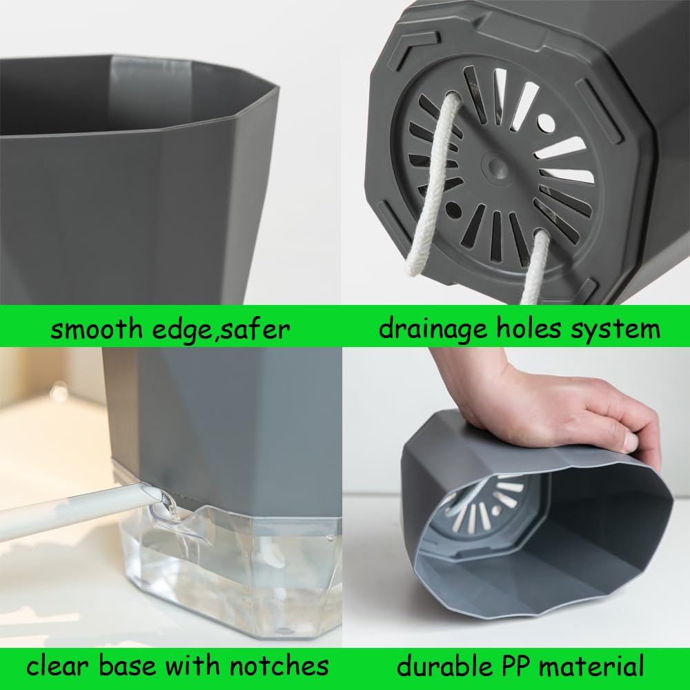 Qimodo 3 Pack 8.5/6.7/5 Inch Plastic Self Watering Indoor Planters,Modern Decorative Plant and Flower Pots for Succulents,Aloe,Herbs,African Violets,Peace Lily with Absorbent Rope,White