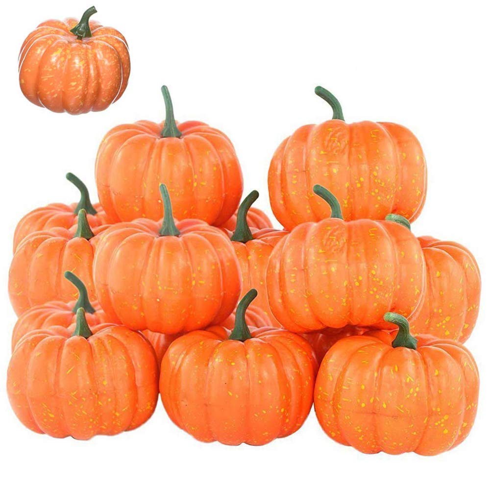 Lainrrew 12 Pcs Mini Artificial Pumpkins, Fall Harvest Simulation Pumpkins Decor Fake Fruit Home Decor for Halloween Thanksgiving Party Decorations (Orange)