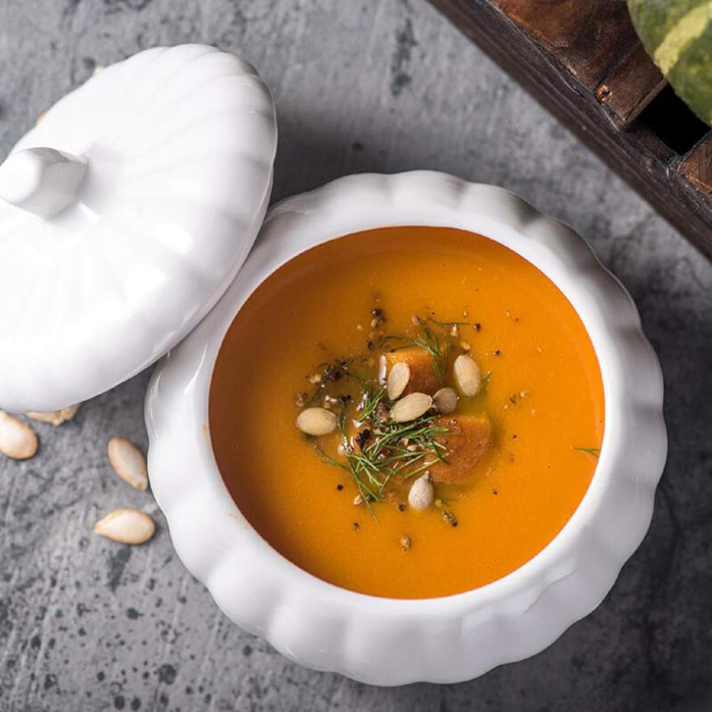 BESTonZON Ceramic Pumpkin Soup Bowl with Lid 4.13 Inch Covered Stew Soup Bowl Porcelain Serving Dish for Pumpkin Desserts and Stews Kitchen Dinnerware