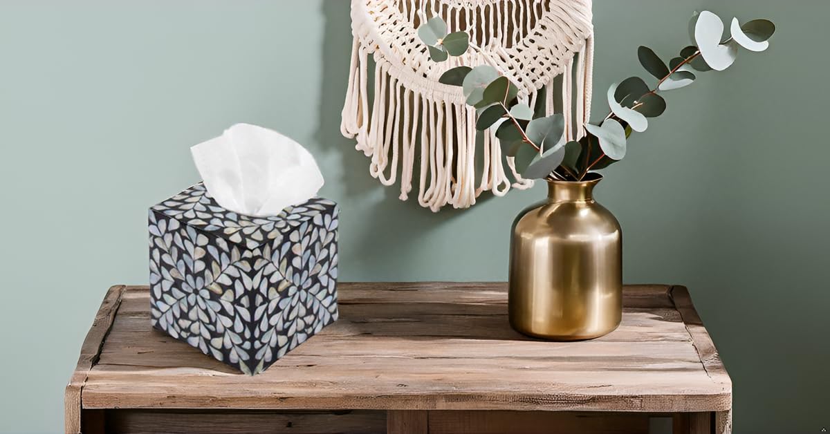 PEMAR Handcrafted Wooden Tissue Box Cover for Small Cube Tissue Boxes Only (Max Inner Size 4.7”) – Mother of Pearl Inlay Decorative Tissue Holder for Bathroom, Living Room & Office (White Vines)