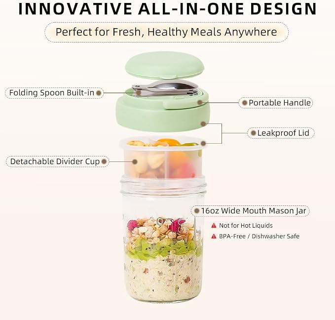 UWILLION Overnight Oats Containers with Handles, 16 oz Glass Mason Jars with Lids, Folding Spoons & Topping Compartments, Yogurt Parfait Cups for Meal Prep, Chia Pudding, Breakfast to Go, 2 Pack