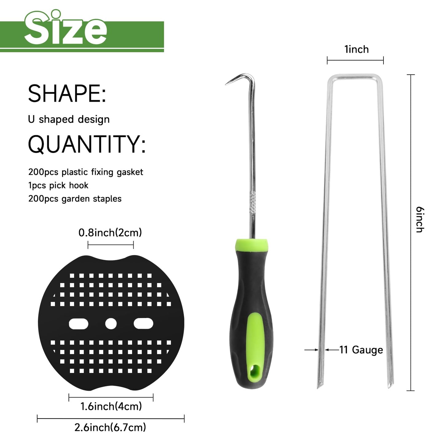 JELNER Garden Stakes,6 Inch 11 Gauge 200pcs Galvanized Landscape Staples and 200pcs Gaskets +1Pick Hook, Tent Stakes Landscaping Fabric SOD Pins for Weed Fabric Barrier,Groud Cover,Fence