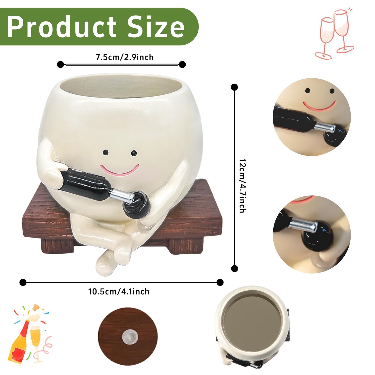 ChilArt Smiley Face Planter Pot Red Wine Glass in Hand,Resin Succulent Pots with Drainage Hole,Funny planters for Indoor Plants,Gift for Mother's Day,Teacher's Day,Birthday