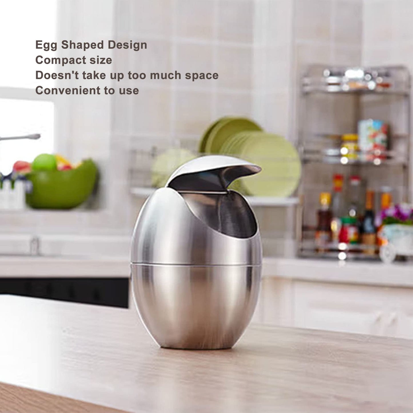 Tyenaza Mini Trash Can, Egg-Shaped Stainless Steel Countertop Garbage Bin, Mini Desk Can with Swing Lid for Office Desk, Coffee Table, Vanity Tabletop, Bedroom
