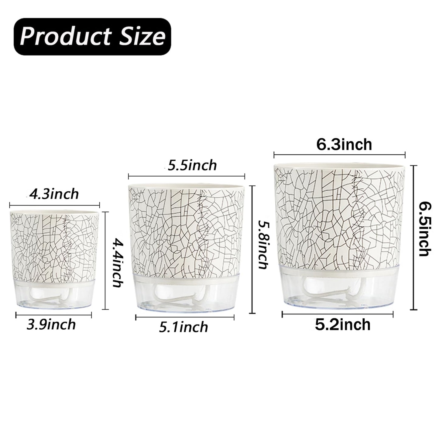 XKYQSY 3 Pack 4.3+5.5+6.3 Inch Self Watering Pots Set, Self Watering Planter with Reservoir and Wick Rope for Indoor/Outdoor Plants, Modern Houseplants Pots for African Violets,Cactus,Herbs,Succulents