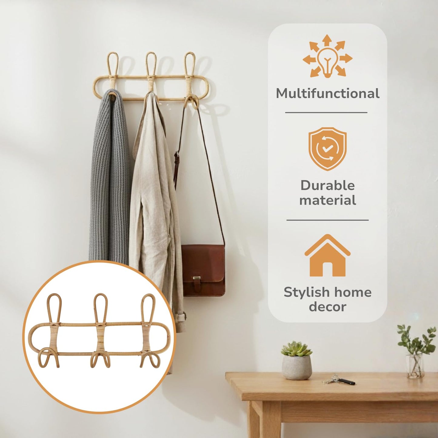 KH866 Boho Rattan Wall Hooks – Handmade Wall Mount Coat & Towel Rack, Natural Beige Hanging Organizer for Clothes, Hats, Towels, and Bags, Perfect for Entryway, Bedroom, Living Room (15.7x7.9 Inch)