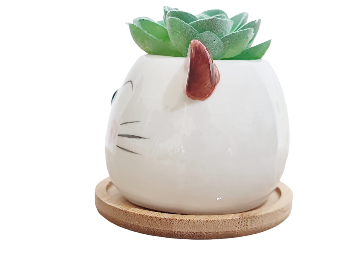 Cuteforyou Cute 3.5 Inches Indoor Cartoon Animal Cat Shaped Ceramic Succulent Cactus Flower Plant Pots with Bamboo Tray-Plant Not Included (White)